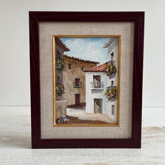 Vintage Mediterranean Buildings Painting in Frame - Picture 2 of 11